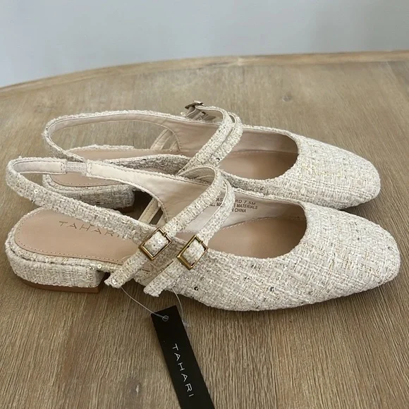 Tahari Tweed Sequin Cream Mary Jane Ballet Flats 7.5 8 - Picture 5 of 8